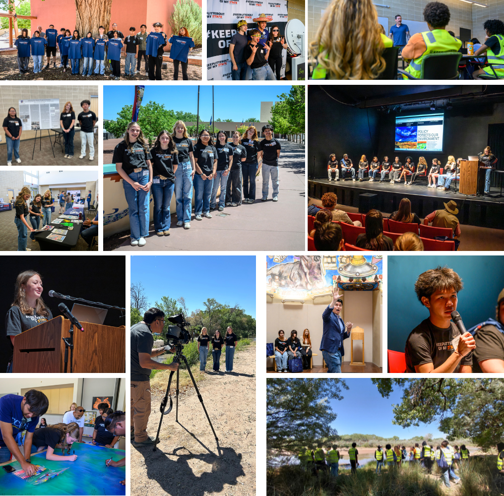 A photo collage highlighting a community litter cleanup event in New Mexico. The collage includes several outdoor photographs of volunteers collecting trash in a natural desert and riverside environment. In the largest image, a young girl stands with an older woman holding a microphone while two men in suits look on during what appears to be a community gathering or recognition event. Other photos show adults and youth wearing bright safety vests and using litter grabbers to pick up trash along trails, rocky terrain, and open spaces. The collage also features the “¡Qué linda! Land of Enchantment Young Ambassador Program” logo on the right side. The overall theme emphasizes youth engagement, environmental stewardship, and community beautification efforts.