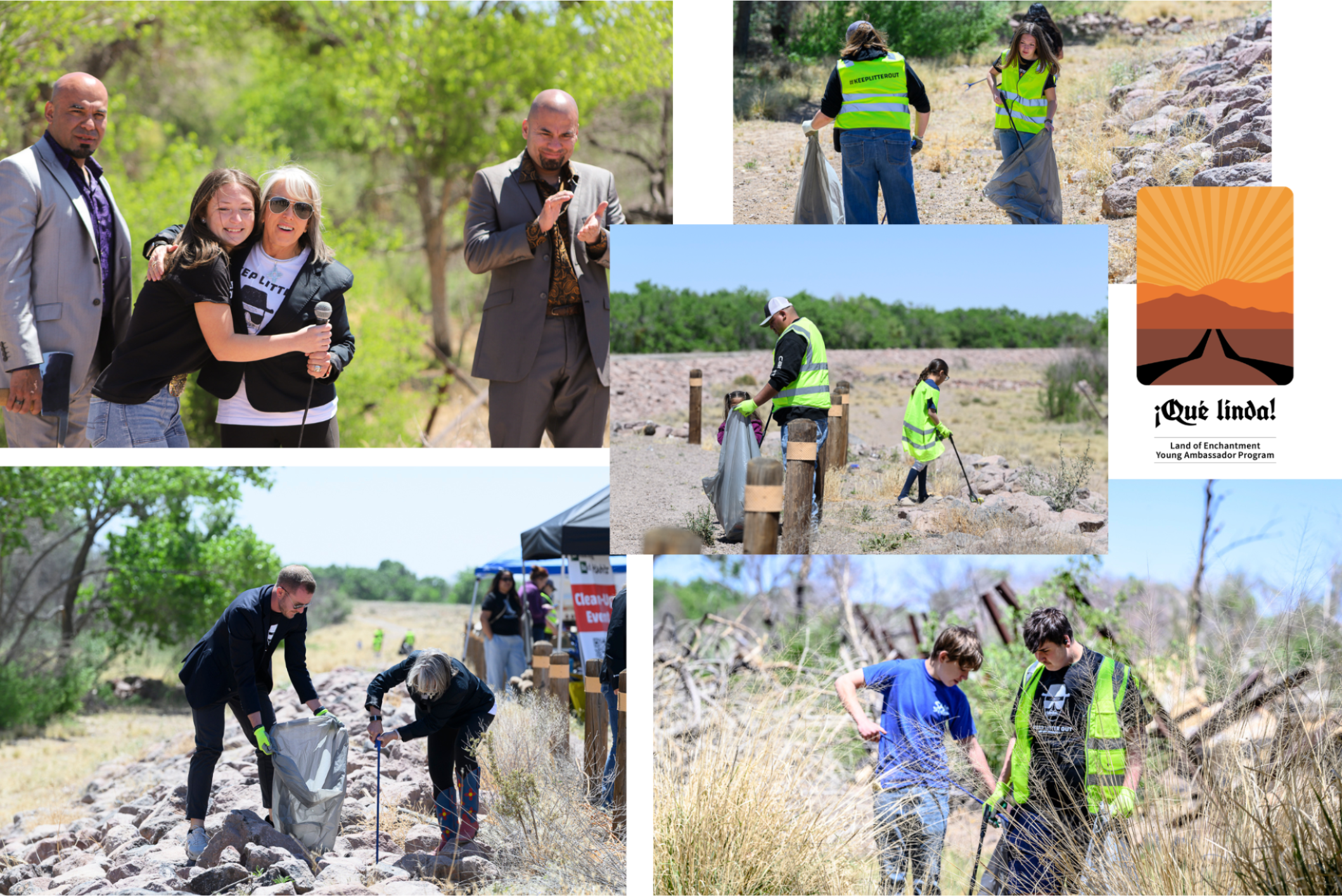 A photo collage highlighting a community litter cleanup event in New Mexico. The collage includes several outdoor photographs of volunteers collecting trash in a natural desert and riverside environment. In the largest image, a young girl stands with an older woman holding a microphone while two men in suits look on during what appears to be a community gathering or recognition event. Other photos show adults and youth wearing bright safety vests and using litter grabbers to pick up trash along trails, rocky terrain, and open spaces. The collage also features the “¡Qué linda! Land of Enchantment Young Ambassador Program” logo on the right side. The overall theme emphasizes youth engagement, environmental stewardship, and community beautification efforts.
